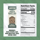 Box of Pasta Santina Vorti-Cee with nutrition facts and ingredients list shown next to the package.