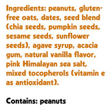 Ingredients in orange and black highlight roasted peanuts, gluten-free oats, dates, superfood seeds, agave syrup, acacia gum, vanilla, Himalayan sea salt & added vitamin E. Contains: peanuts (bold). Perfect for Peanut Butter Ivan Bar's seed and nut bars.