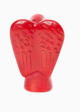 The Praying Angel Mini Sculpture is a small red Kenyan soapstone carving featuring detailed wings, displayed from the back on a white background.