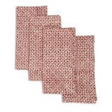 Four red and white abstract Red Hand Block Printed Napkins (Fair Trade) are folded and arranged in a staggered stack on a white background.