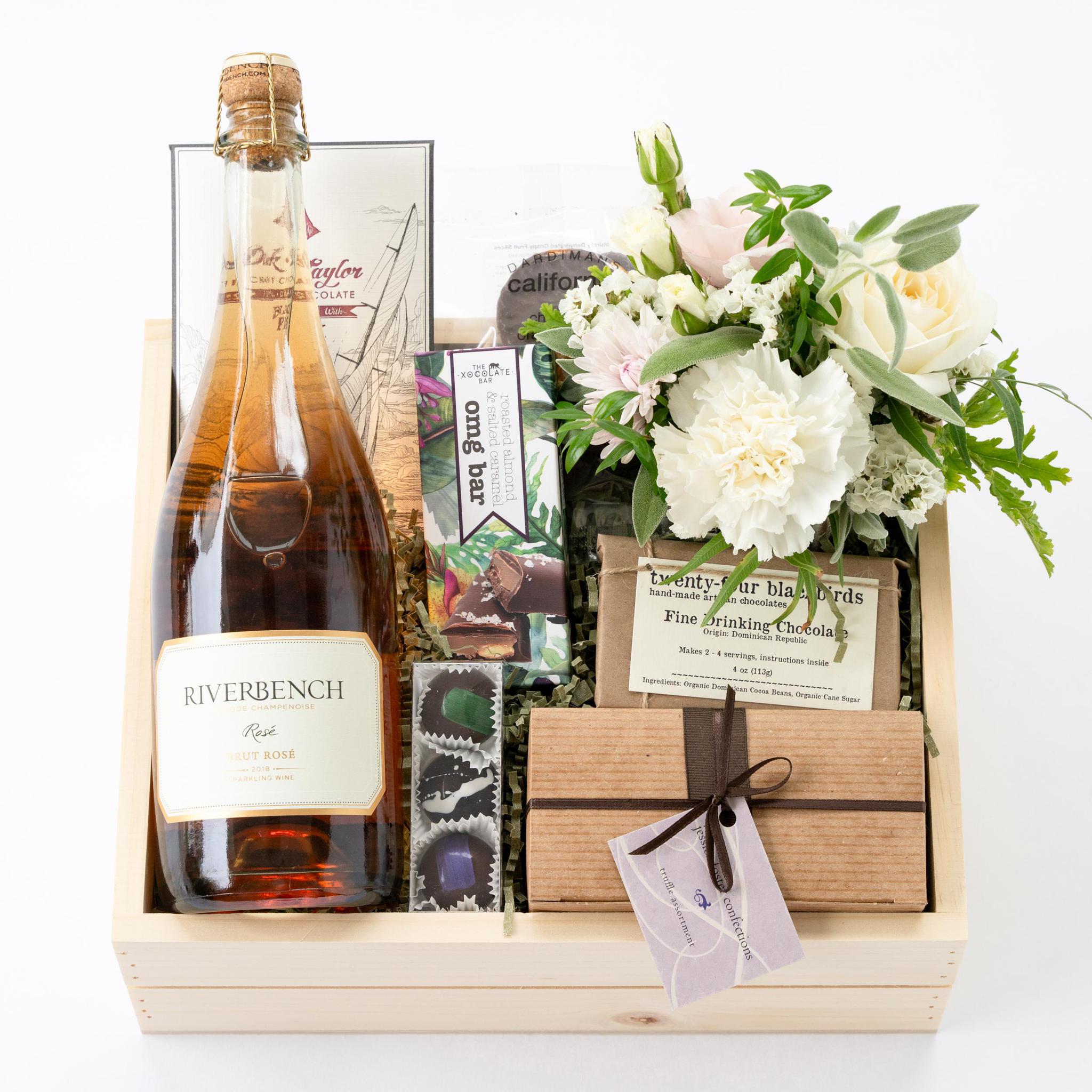 Grand Wine + Chocolate Gift Box with Flowers | Hand Delivery in