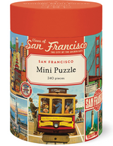 San Francisco Mini Puzzle, 240 pieces, features vintage-style city landmarks in a round packaging with a red lid