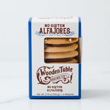San Francisco Welcome Treats come in a blue and white box with four gluten-free alfajores from Wooden Table Baking Co., visible through a clear window—ideal as a hotel gift or Bay Area artisan snack.