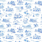 Blue and white linen tea towel features tropical toile