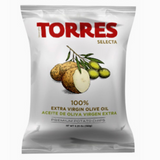 Torres Olive Oil Potato Chips from Spain, pictured with sliced potatoes and olives on a clean white background.