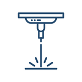 Blue line icon representing the Setup Fee: Laser Etching, depicting a fire sprinkler activating on a white background.