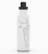 The San Francisco Gift is a white reusable water bottle with a black lid, featuring a minimalist black line map of San Francisco—perfect for fans of local products.