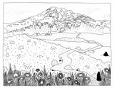 Line drawing of mountain landscape, wildflowers & river
