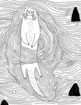 A line drawing of an otter floating in swirling water