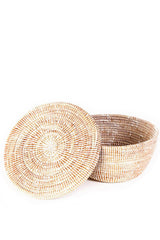 White Lidded Storage Box Basket, featuring handcrafted traditional Senegalese weaving in a tan and white spiral pattern.