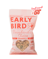 A vegan bag of Farmhand's Choice Snack Size Granola with a window showing gluten-free granola inside.
