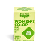 Justea Women's Co-op Lemon Ginger herbal tea packaging on a white background