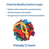 Pile of rainbow cotton potholder loops made from upcycled cotton, enough to weave two potholders