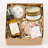california spa gift box featuring citrus sunshine mist, california candle and riviera gardens bath bomb