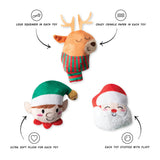 Never Sleigh Never Dog Toy Set: three plush toys—reindeer, elf, and Santa—with feature labels and arrows shown.