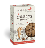 A box of Ginger Spice Biscotti showcases city sketches and a ginger root illustration on the front.