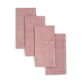 Four Hibiscus Red Hand Block Printed Napkins, fair trade, are staggered on a white background.