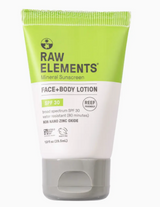 A travel-size tube of Mineral Sunscreen SPF 30 for face and body with a green and white label.