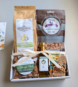Third Tier Custom Gift: SB Popcorn, Herb Roasted Almonds, chocolate, olive oil sampler, magnet, and postcard.