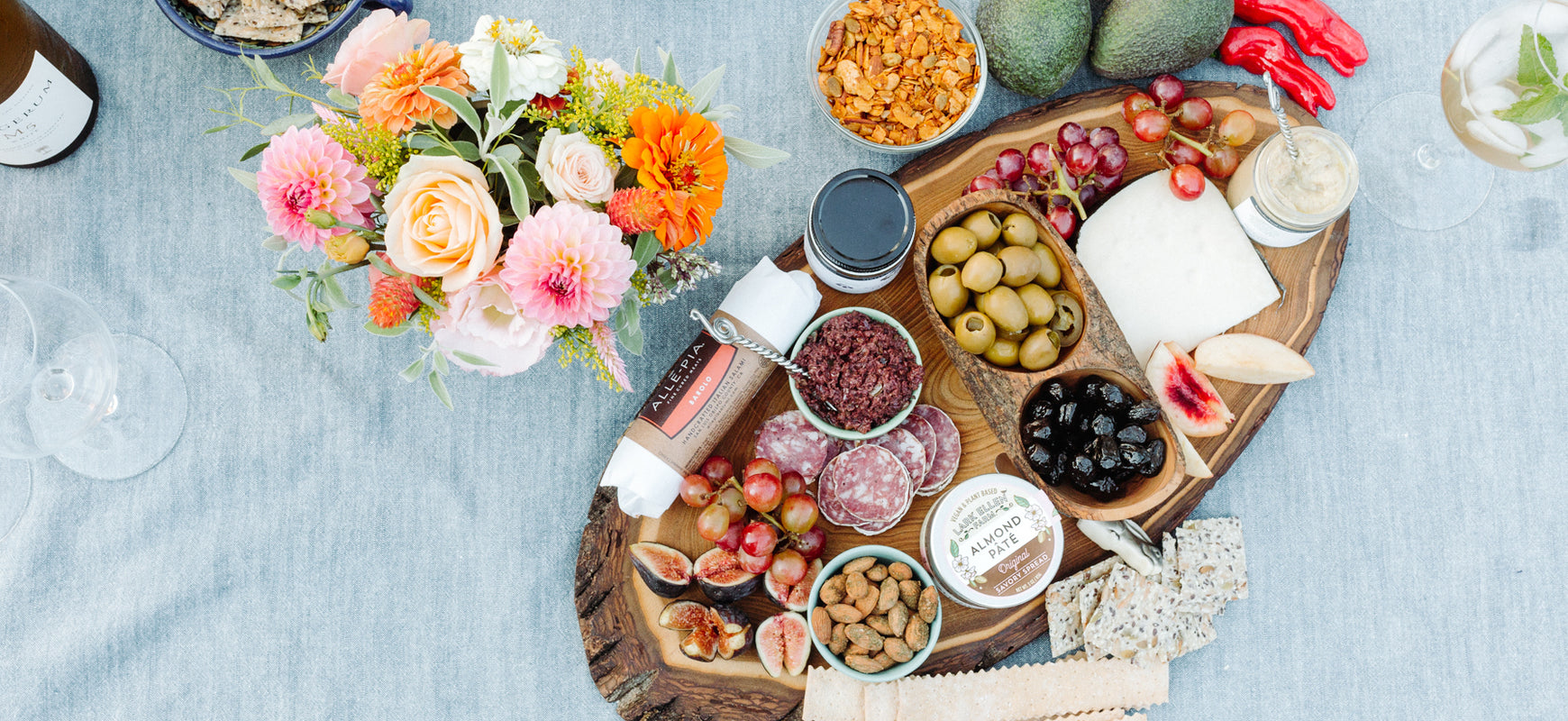 California food and appetizers being served on a table.