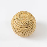 Petite Woven Basket: handmade bamboo with lid, herringbone pattern; ideal multi-purpose storage, shown on white background.