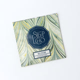 The Bloom Single Tea Sachet features a marbled green and yellow design with Steep Echo branding, highlights its caffeine-free, immune-boosting blend with echinacea root, and notes Santa Barbara, California on the front.