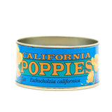 The California Poppy Seed Grow Kit comes in a blue-labeled can featuring yellow poppy illustrations and lets you grow vibrant orange Eschscholzia californica flowers at home.