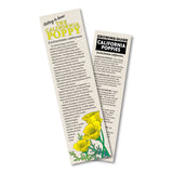 The California Poppy Seed Grow Kit includes two beige bookmarks: one with a yellow poppy illustration and facts, and another with the botanical name, care instructions, and tips for growing vibrant orange California poppies.