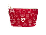 The California Pouch is a red canvas pouch with white line drawings of California landmarks, cities, and symbols like beaches, mountains, a ferris wheel, skull, bulldog, movie camera, and a heart-shaped "CA". Made in the USA from durable cotton canvas.