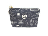 The California Pouch is a navy blue canvas pouch made in the USA, adorned with white prints of iconic California locations, animals, and landmarks such as San Francisco, Silicon Valley, Yosemite, and a bear.