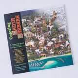 The Coloring Santa Barbara Coloring Book for adults displays a vivid collage of local landmarks, some colored, some black-and-white, on a white background. Text acknowledges the artists and provides an overview of the project.
