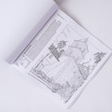 The Coloring Santa Barbara Coloring Book lies open on a white surface, showing a black-and-white line drawing of a historic stone building with a tower and palm trees, along with descriptive text.