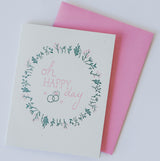 Oh Happy Day Delicate Wedding Card: pink, floral, rings design on pink envelope—perfect for a Santa Barbara wedding.