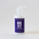 Lavender Hand Lotion comes in a white 4 oz (120 ml) pump bottle with a purple label showing lavender fields; offers intense hydration and a soothing floral scent.