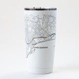 The Map of Santa Barbara Insulated Tumbler holds 20 oz and features a black line city map with labeled streets, “santa barbara.” at the center, stainless steel construction, and a clear lid for easy sipping.