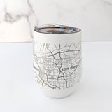 The Map of the San Diego Insulated Wine Tumbler displays an engraved city map with neighborhoods like North Park, University Heights, Hillcrest, and Balboa Park. Perfect for San Diego gifts, it features a white stainless steel finish.