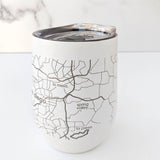 The Map of the San Diego Insulated Wine Tumbler features a white stainless steel design with a clear lid and engraved map highlighting San Diego, La Mesa, Spring Valley, and La Presa—an ideal unique gift for San Diego lovers.