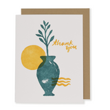The Mediterranean Sun Thank You Letterpress Card features a teal vase with a leafy branch, a yellow sun, and "thank you" in yellow script, plus a brown envelopeābringing Santa Barbara charm to your gratitude.