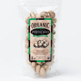 A 3 oz clear resealable bag of Salted Santa Barbara Organic Pistachios, containing whole organic pistachios from Cuyama Valley roasted with sea salt. Ingredients: organic pistachios, sea salt.