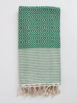 The Santa Barbara Wine Picnic Basket includes a folded green and white woven textile with geometric diamond patterns, horizontal stripes, and twisted fringe—ideal as a luxury picnic blanket or elegant gift basket addition.