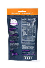Back of a snack package labeled "Savoureux Snack Mix" with nutrition facts, gluten free, grain free, dairy free, vegan, keto icons, branding details, product description, and website. Blue and orange packaging highlight this snack mix.