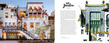 At sunset, a Spanish-style building with white stucco walls and ornate windows evokes Santa Barbara charm beside a page titled "El Jardin" from The Fig District: Some Buildings in Downtown Santa Barbara, with text and a vibrant architectural sketch.