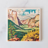 A colorful, vintage-style illustration of Yosemite Valley with mountains, trees, and two people on a rock features on the Yosemite Travel Poster Coasters. Large white text at the top reads "Yosemite National Park.