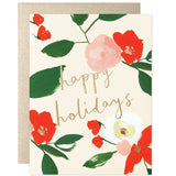 Happy holidays Floral Blooms Box Set with painted red, pink, and white flowers, green leaves, and gold foil text.