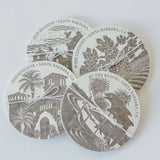 Set of four Courthouse of Santa Barbara Letterpress Coasters, tied with white string, on a white background.