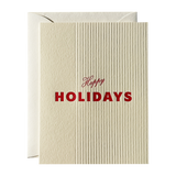 Happy Holidays Note Card in off-white with vertical ribbing and red text centered on the front.