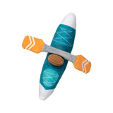 Go with the Flow Plush Dog Toy shaped like a teal kayak with brown seat and yellow paddles on white background.
