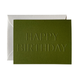 Olive green Happy Birthday Note Card embossed with HAPPY BIRTHDAY in front of a white envelope.