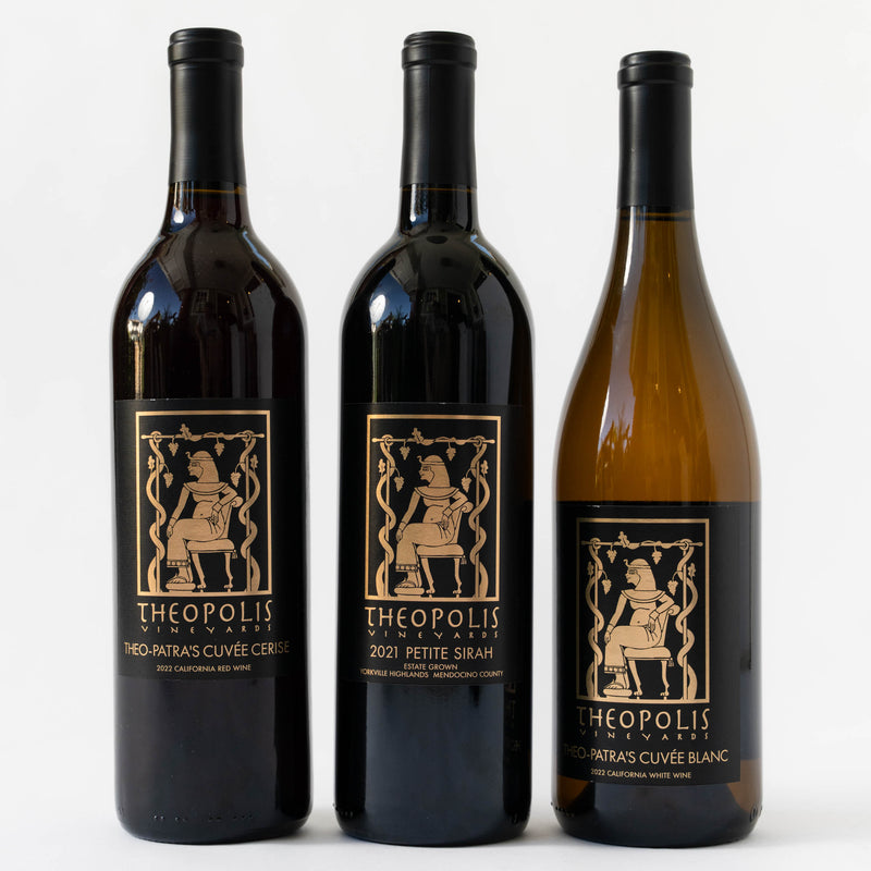 Three bottles of Theopolis vineyards wine - Cuvee Cerise, Petite Sirah and Cuvee Blanc