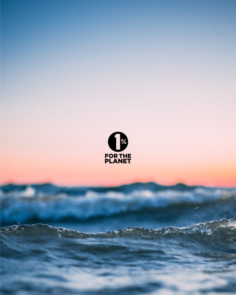 1% for the Planet logo is shown over an ocean scene at sunset.